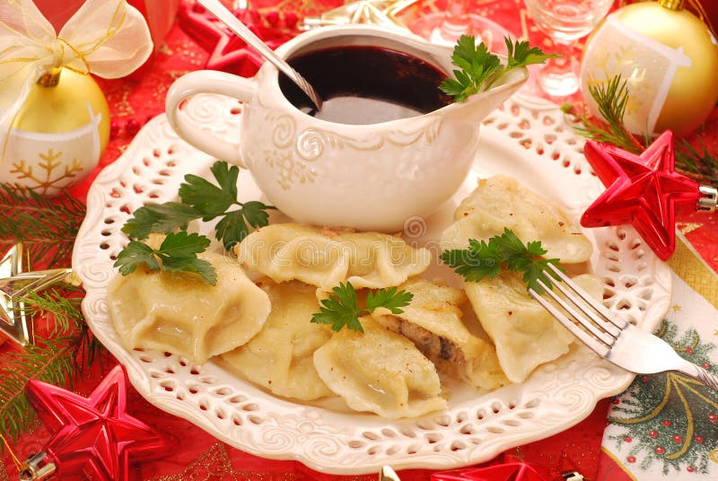 Pierogi and barszcz for christmas stock photos
