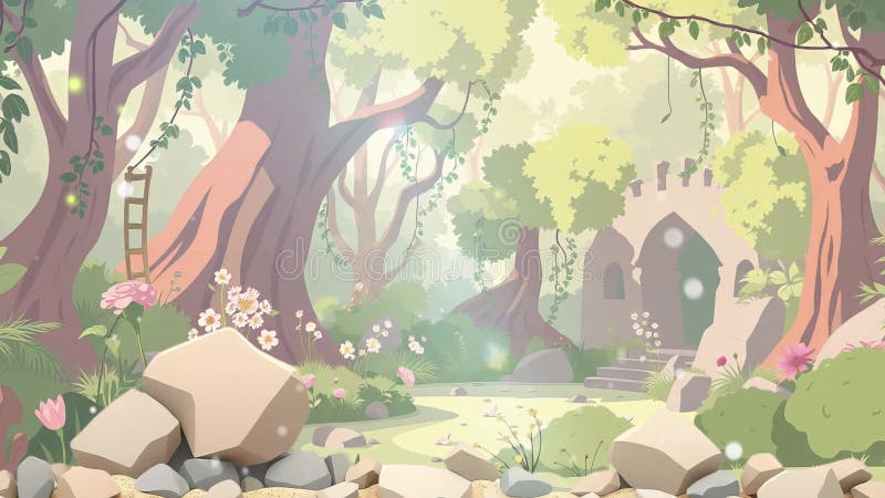 Pierre avec fond vert nature : Un dessin animé Animation avec fond de nature arborée pour un dessin animé. illustration libre de droits