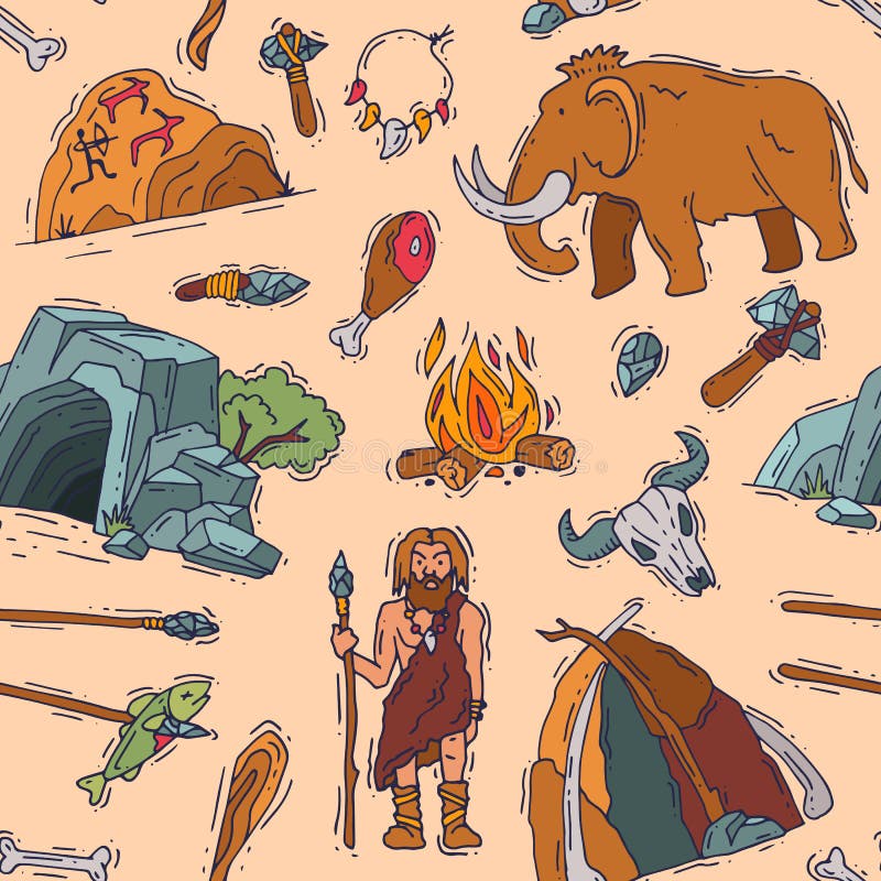 Pierwotni ludzie wektorowego pradawnego neanderthal charakteru i antyczny caveman ogień w era kamienia łupanego zawalają się ilus royalty ilustracja Pierwotni ludzie wektorowego pradawnego neanderthal charakteru i antyczny caveman ogień w era kamienia łupanego zawalają się ilus royalty ilustracja
