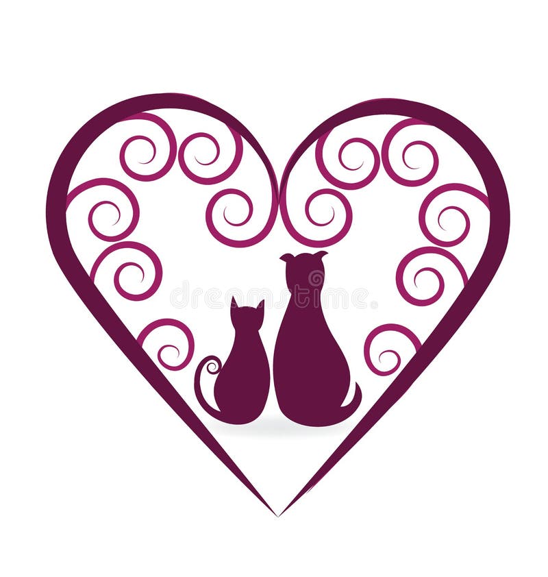 Dog and cat love heart silhouette vector logo icon design template. Dog and cat love heart silhouette vector logo icon design template