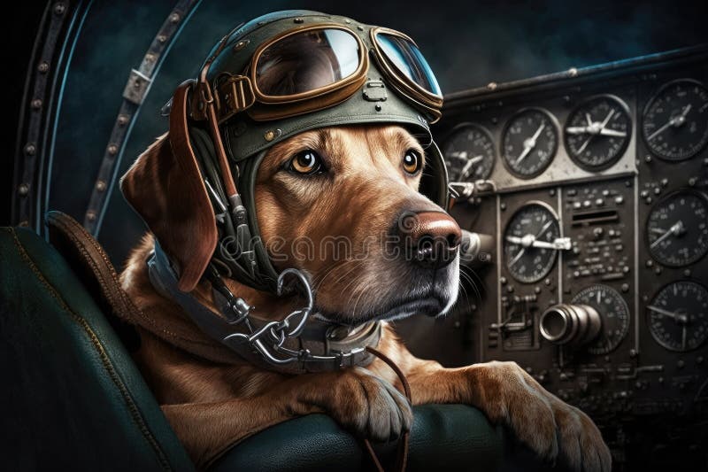 Pies pilota siedzący na instrumentach kontroli w kabinie pilota. Pilot pies siedzący w kabinie pilota sprawdzającego przyrządy do lotu stworzone z generatorem ai