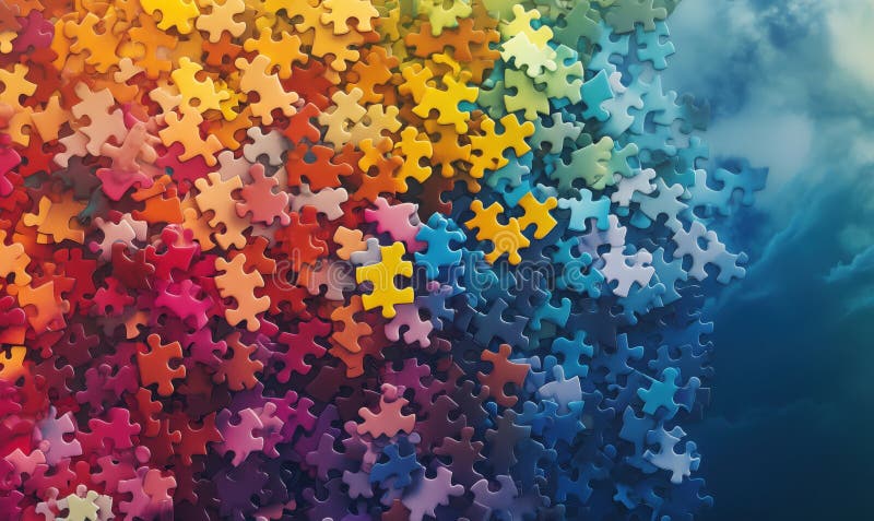 Piese de puzzle colorate împrăștiate pe un fond vibrant cu un cer înnorat royalty free stock photo