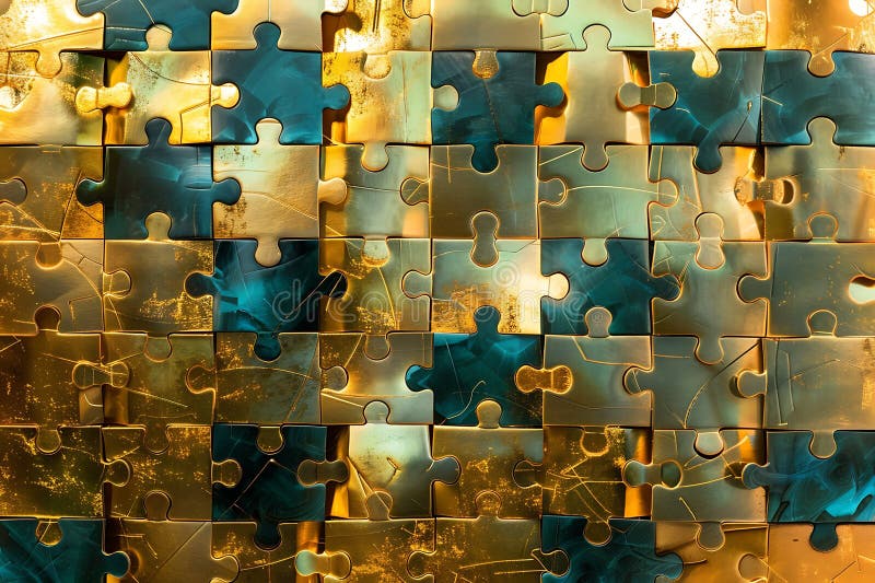 Piese de puzzle din aur și teal puzzle-uri abstracte rezolvarea problemei textelor abstracte stock illustration