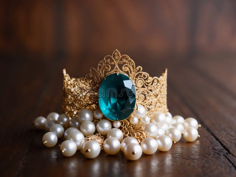 Piesă elegantă de bijuterii de epocă, cu o piatră mare din teal, înconjurată de perle lustruite și filigree din aur complexă royalty free stock image