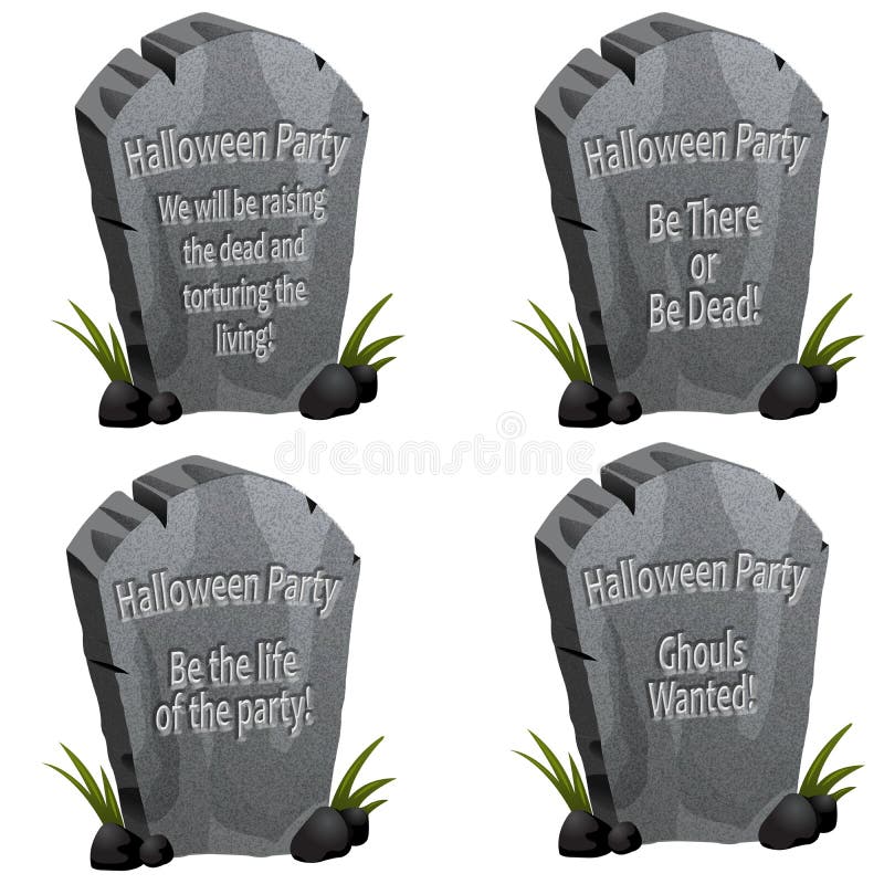 A set of four Halloween party tombstones with cute messages. A set of four Halloween party tombstones with cute messages