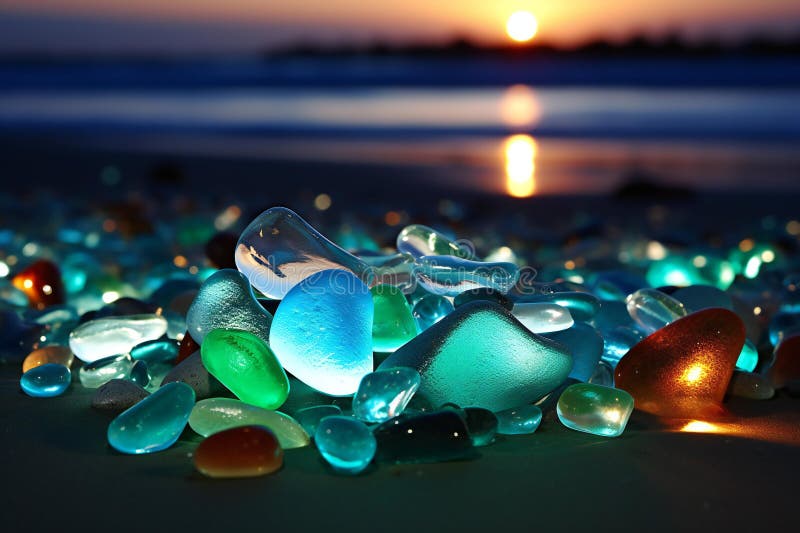 Pietre colorate di vetro sulla spiaggia al tramonto di bassa profondità. Illustrazione di pietre colorate di vetro sulla spiaggia al tramonto di una profondità inferiore di. questa illustrazione viene generata con l'utilizzo di un ai.