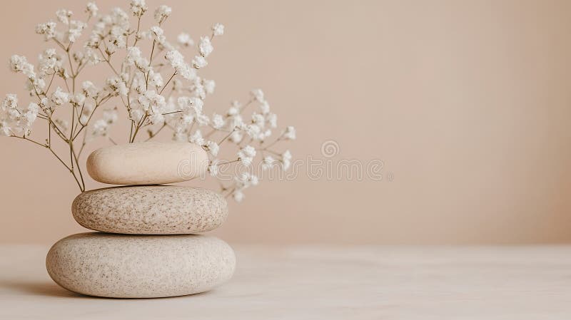 Pietre de echilibru cu flori delicate albe evocă liniște liniștită stock illustration