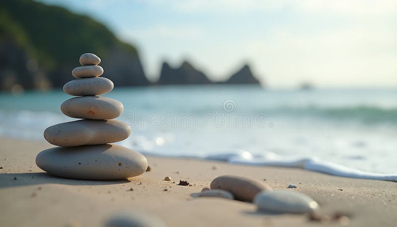 Pietre echilibrate pe plajă însorită Ocean Serene backdrop pentru meditație pașnică royalty free illustration