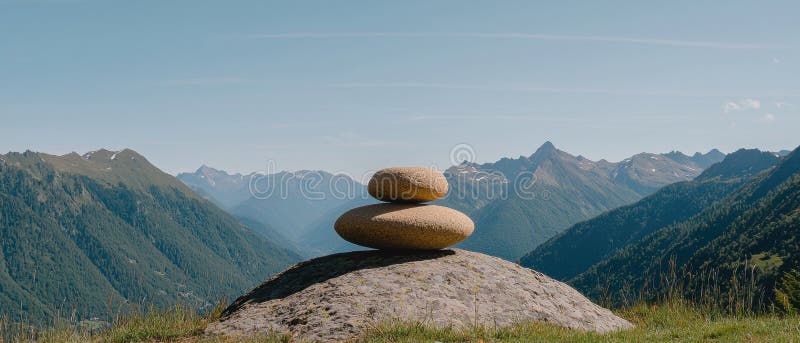 Pietre echilibrate pe un munte care trece cu vederea o vale stock illustration