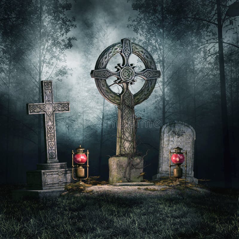 Tombstones and lanterns in a dark forest at night. Tombstones and lanterns in a dark forest at night