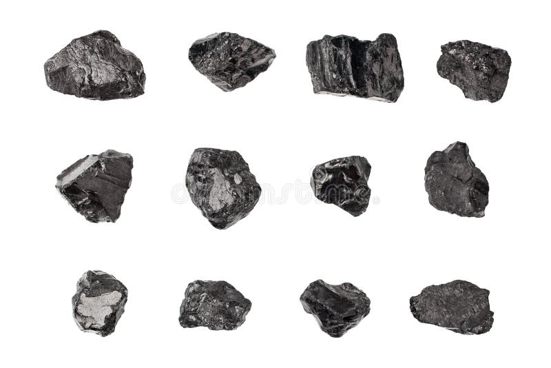 Pietrele de cărbuni negri fixate pe fond alb, izolate în imediata apropiere a bucăților naturale de cărbune, care capturează textu royalty free stock image