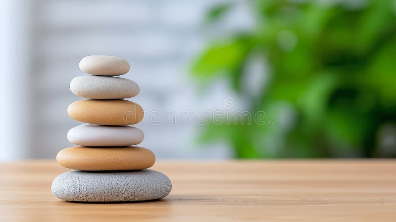 Pietrele echilibrate aranjate într-o stivă calmantă simbolizează pacea și relaxarea într-un cadru interior liniștit royalty free illustration