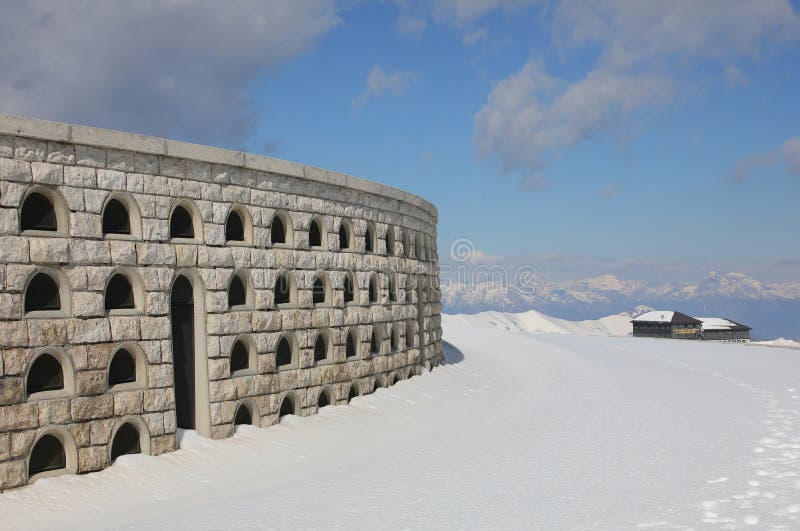 Pieve, TV, Italy - March 13, 2024: Monte Grappa  memorial holds niches. Pieve, TV, Italy - March 13, 2024: Monte Grappa  memorial holds niches