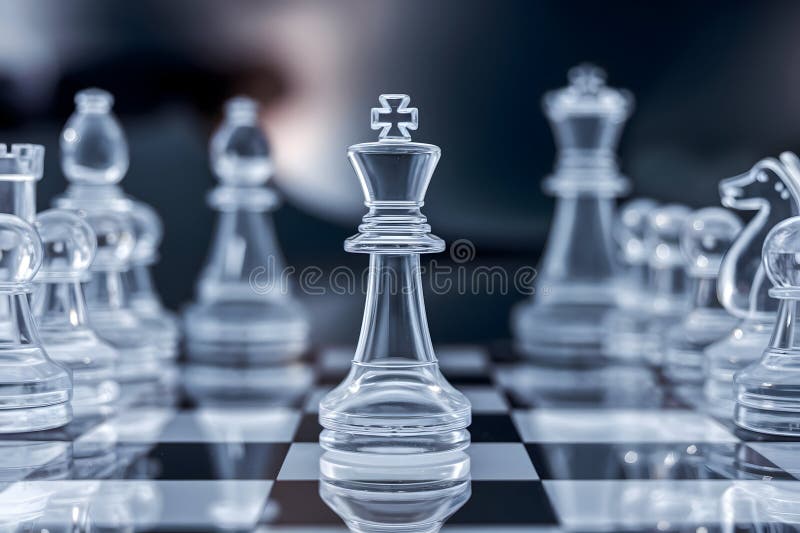 Pieza de ajedrez real transparente con piezas alrededor centradas en el juego estratégico. Cerca de él se encuentra una pieza de ajedrez real transparente con una cruz encima de un tablero reflexivo y otras piezas transparentes, como peones y rollos, que rodean el fondo borroso.