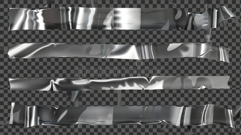Silver adhesive tape pieces isolated on transparent background. Modern illustration of gray scotch strips with wrinkled glossy surfaces. Fixing, packaging, fastening materials.. AI generated. Silver adhesive tape pieces isolated on transparent background. Modern illustration of gray scotch strips with wrinkled glossy surfaces. Fixing, packaging, fastening materials.. AI generated