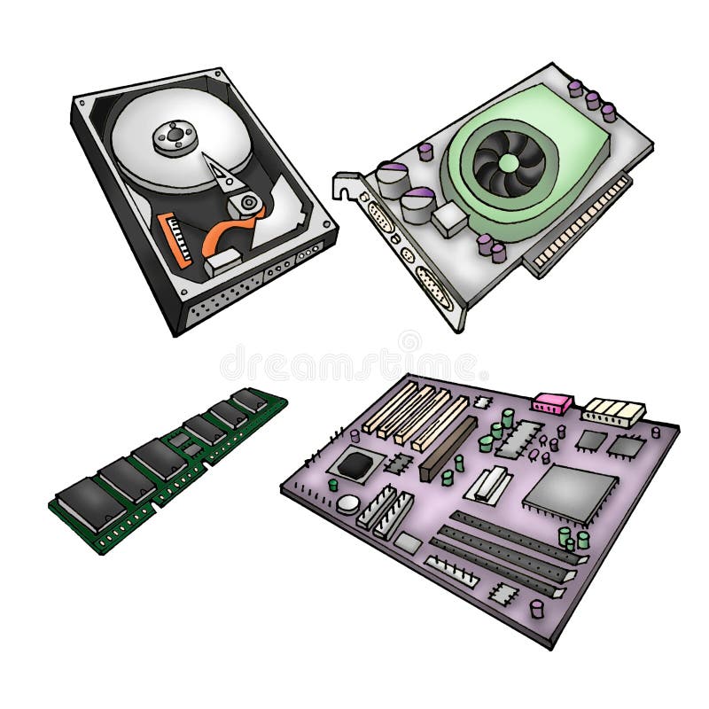 Color illustration of computer parts - harddrive, graphics card, memory module, motherboard. Color illustration of computer parts - harddrive, graphics card, memory module, motherboard.