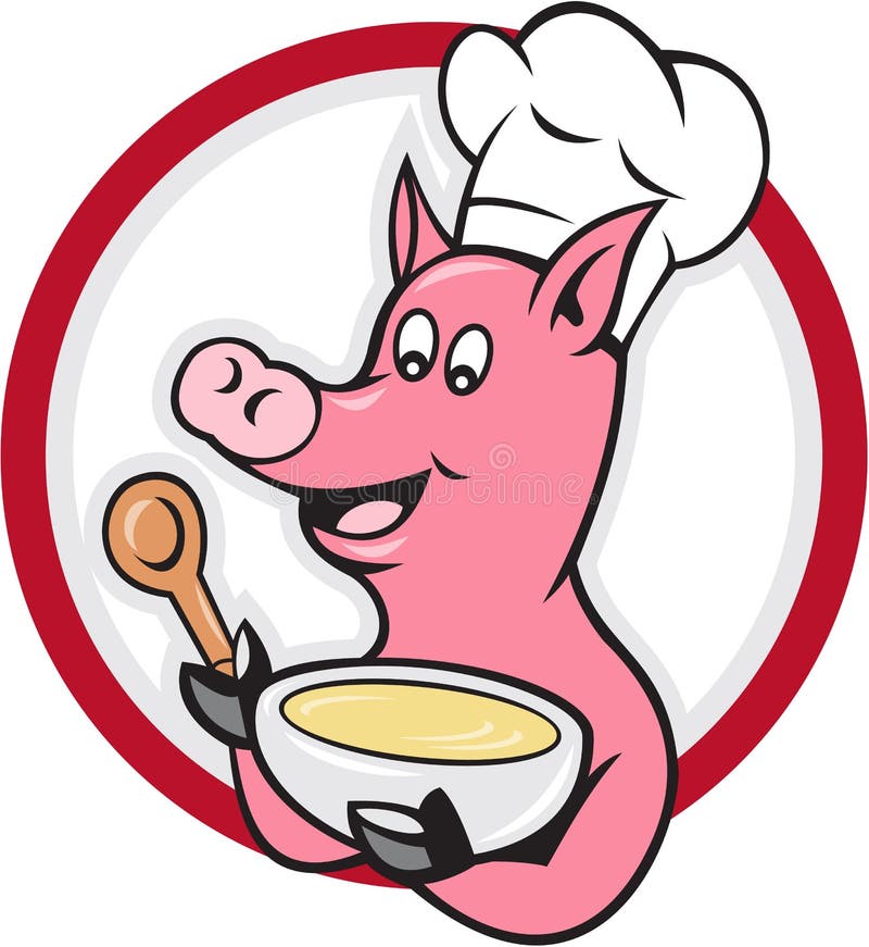 Pig Chef Cook Holding Bowl Cartoon