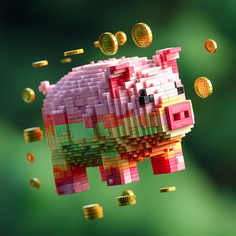 A pig-shaped model constructed from multicolored interlocking square blocks is stock illustration