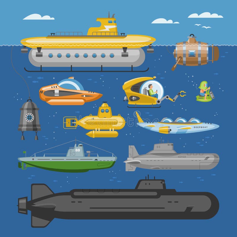 Pigboat för ubåtvektorhav eller undervattens- flottasegelbåt och skepptransport i uppsättning för illustration för djupt hav naut royaltyfri illustrationer Pigboat för ubåtvektorhav eller undervattens- flottasegelbåt och skepptransport i uppsättning för illustration för djupt hav naut royaltyfri illustrationer