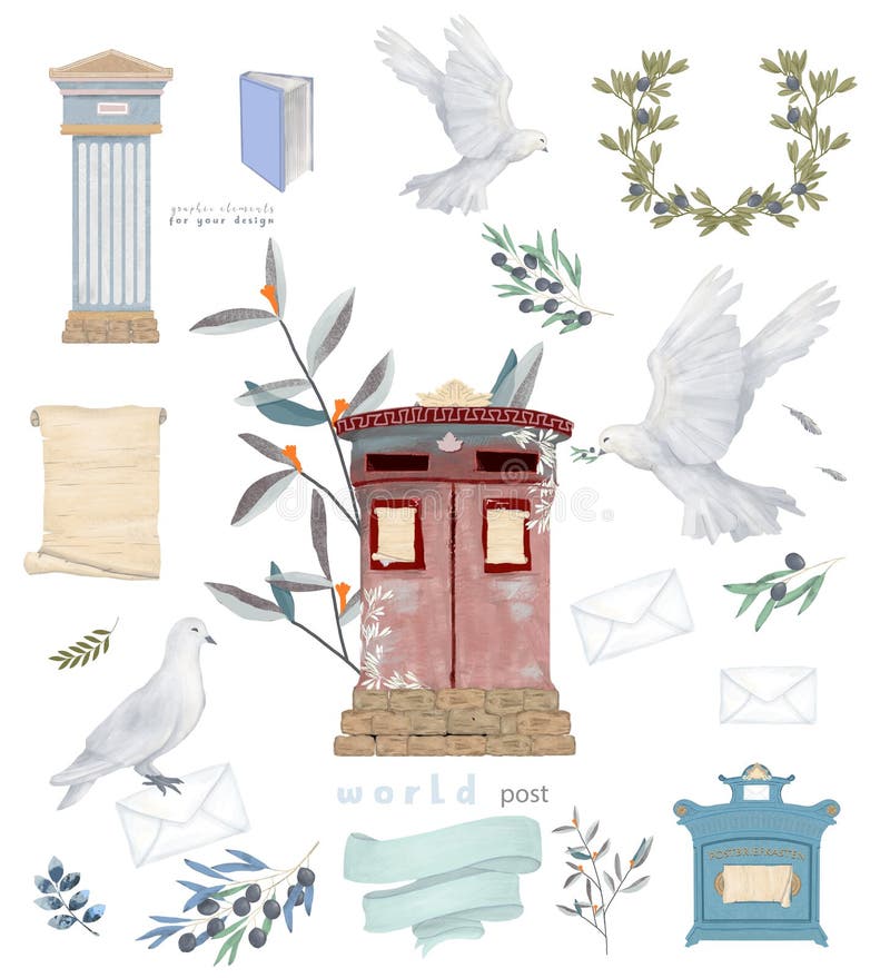 Dove and Antique Post set UK, England, Germany mailbox watercolor bird fly peace dove for wedding celebration illustration similar