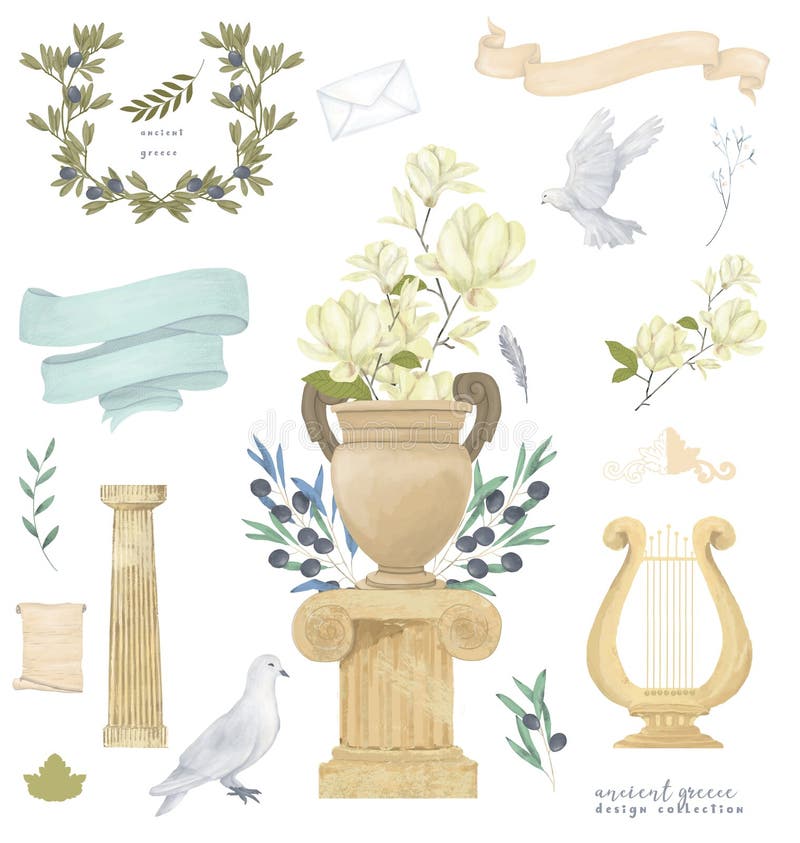 Vase with magnolia and watercolor bird fly peace dove for wedding celebration illustration similar on white background