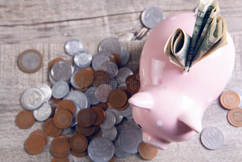 Piggy Bank with Dollar Bill and Coins on the Table Stock Image Image of change, growth 238732337
