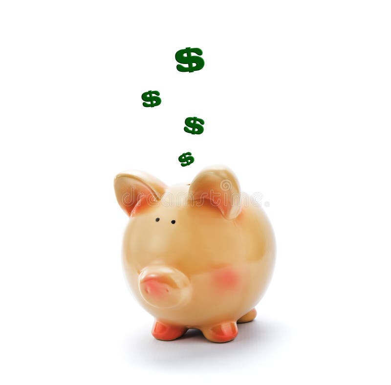 Piggy bank with dollar signs above isolated on white