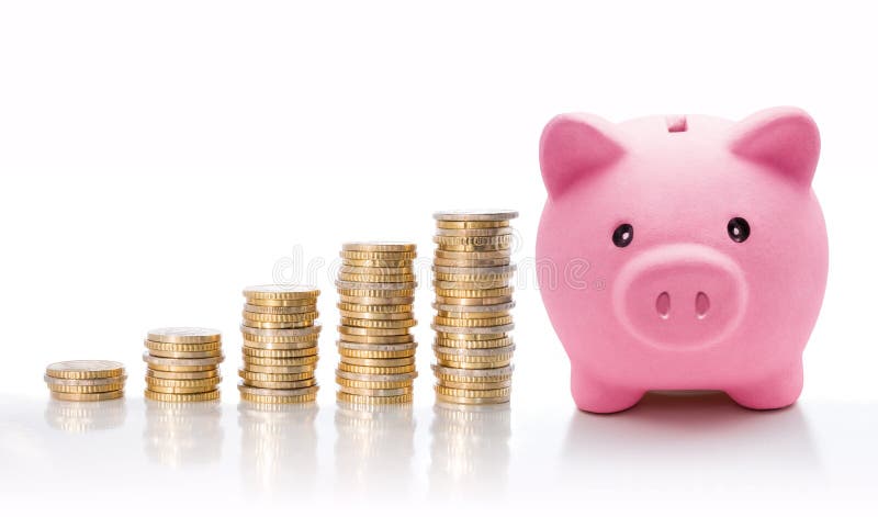 Piggy bank with euro coin stacks - concept of increase royalty free stock images Piggy bank with euro coin stacks - concept of increase royalty free stock images