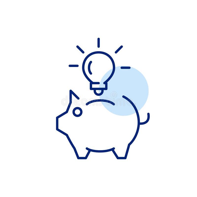 Piggy bank and glowing light bulb. Smart savings ideas, innovative approach to banking and finances. Pixel stock illustration
