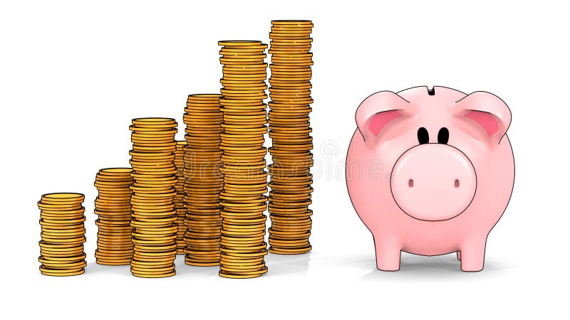 Piggy bank and growing stacks of coins in cel shading style - 3D illustration stock illustration Piggy bank and growing stacks of coins in cel shading style - 3D illustration stock illustration