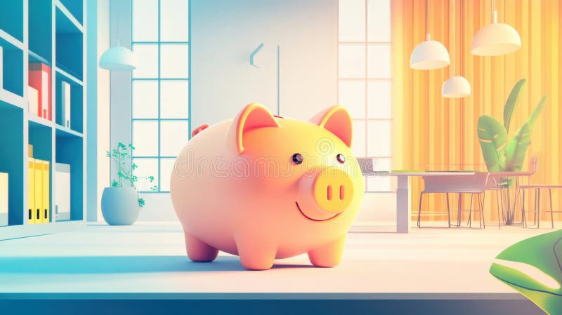 Piggy bank illustration in modern office with abstract design elements stock illustration
