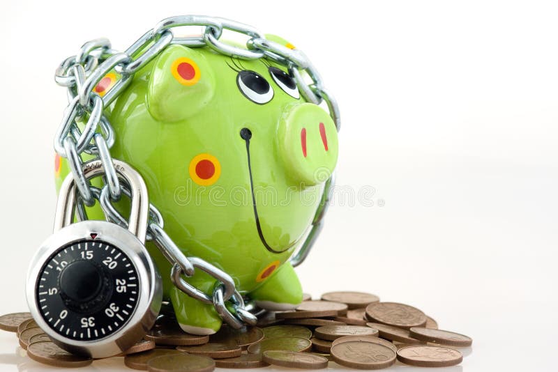 Piggy bank locked in chain