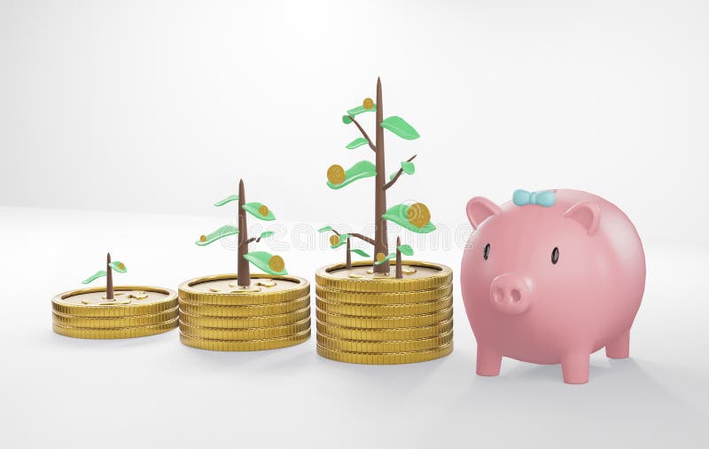 Piggy bank and Plant glowing on stacks coin on white background. 3D Rendering royalty free illustration