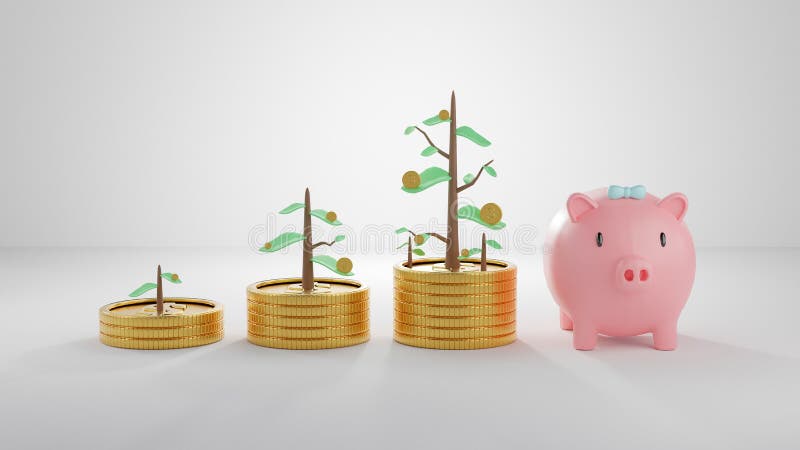Piggy bank and Plant glowing on stacks coin on white background. 3D Rendering stock illustration