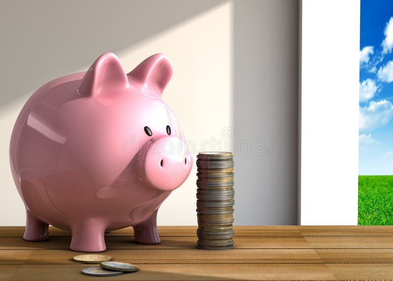 Piggy and coins bank on table. Piggy and coins bank on table