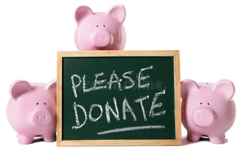 Three pink piggy banks grouped around a blackboard with charity donation message. Isolated on white. Three pink piggy banks grouped around a blackboard with charity donation message. Isolated on white.