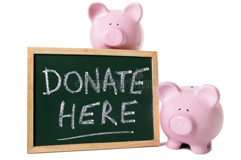 Two pink piggy banks grouped around a blackboard with charity donation message. Isolated on white. Two pink piggy banks grouped around a blackboard with charity donation message. Isolated on white.