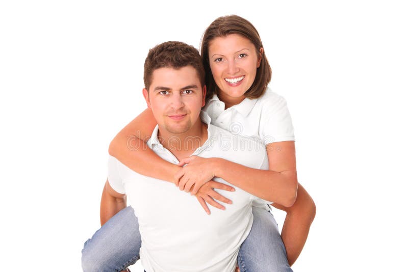 Young couple enjoying piggyback ride isolated on gray background Stock  Photo - Alamy