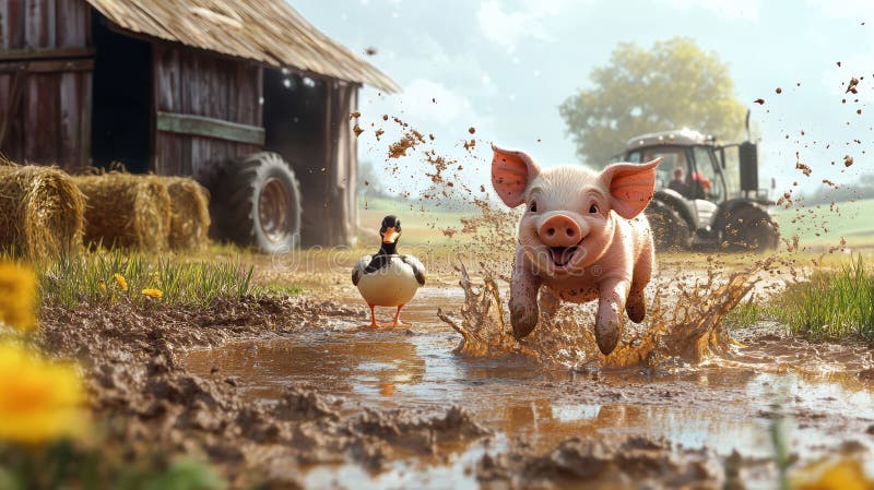 Piglet hoppar i en grumlig puddle nära en rustik gård med ankor och traktor vektor illustrationer
