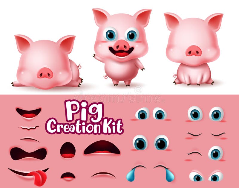 Pigs animal characters creator vector set. Pig animals character eyes and mouth editable create kit in cute facial expression.