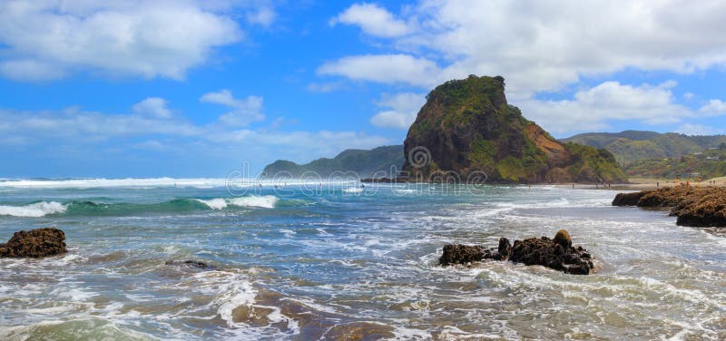 Piha Beach and Lion Rock panorama, New Zealand royalty free stock photography Piha Beach and Lion Rock panorama, New Zealand royalty free stock photography