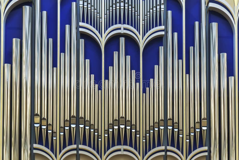 Belgorod, Russia - Circa January 2018: Pipe organ at Organ Hall of the Belgorod Philharmonic Society. Belgorod, Russia - Circa January 2018: Pipe organ at Organ Hall of the Belgorod Philharmonic Society