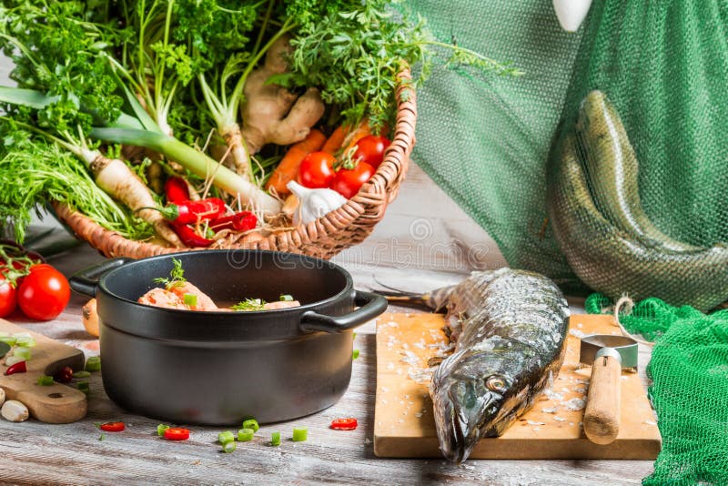 Pike and fresh vegetables for fish soup