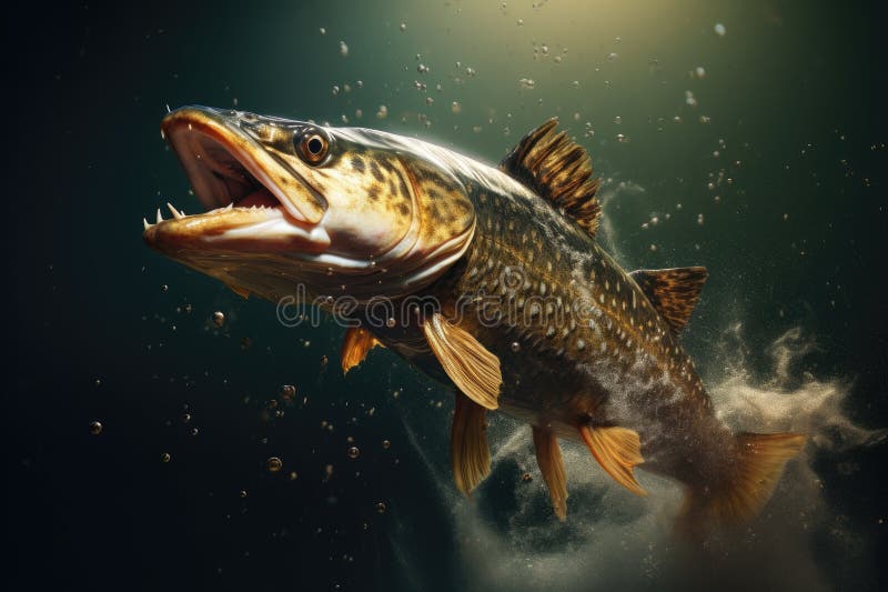Pike jumping out of water, royalty free illustration.