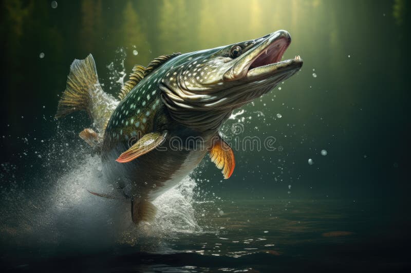 Pike jumping out of water, vector illustration.