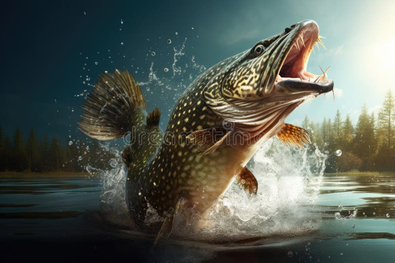 Pike jumping out of water, vector illustration.