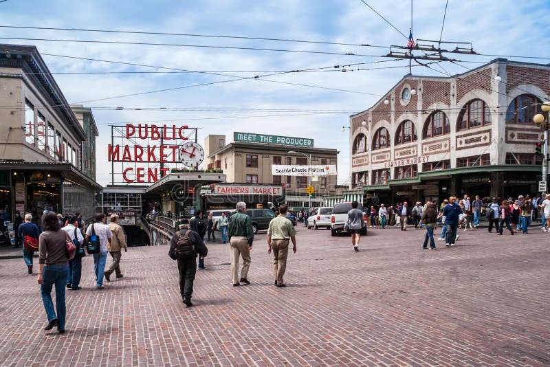 Pike Place Market in Seattle, WA, USA. Market opened in 1907 and is today one of the oldest continually operated public markets in the US, with 10 million visitors annually.