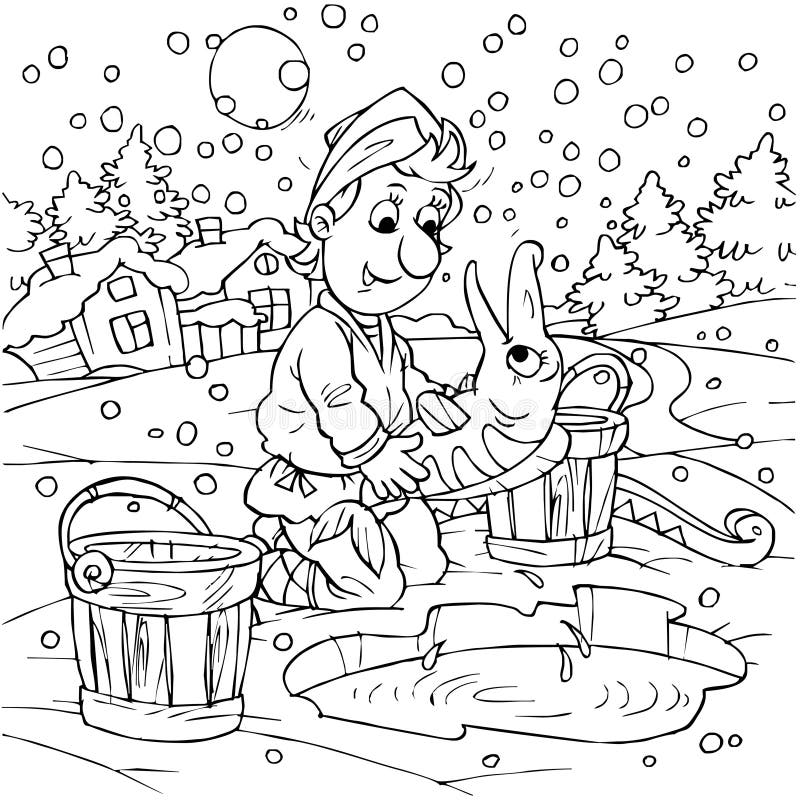 Black-and-white illustration (coloring page): boy talks to a pike fished in an ice hole in a frozen pond. Black-and-white illustration (coloring page): boy talks to a pike fished in an ice hole in a frozen pond