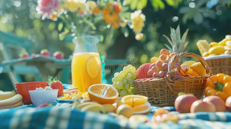 Piknik z różnymi letnimi przekąskami owocami i napojami na kieszonkowym kocu z rodziną cieszącą się obrazy stock