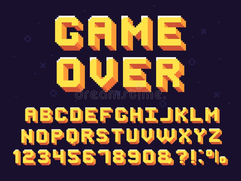 Pixel game font. Retro games text, 90s gaming alphabet and 8 bit computer graphic letters. Pixelated typeface letter, arcade game 8 bit pixel text and numbers retro vector symbols set. Pixel game font. Retro games text, 90s gaming alphabet and 8 bit computer graphic letters. Pixelated typeface letter, arcade game 8 bit pixel text and numbers retro vector symbols set